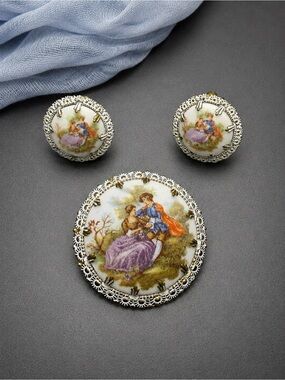Vintage Fragonard Sugared Brooch and Earrings West German #80set